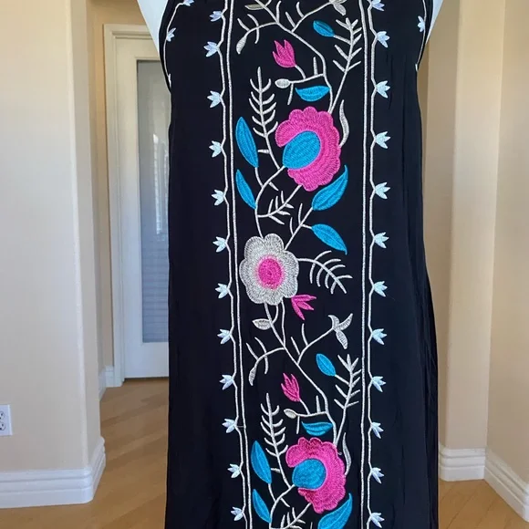 Embroidered Boho Black Maxi Dress Spaghetti Straps - Picture 2 of 9
